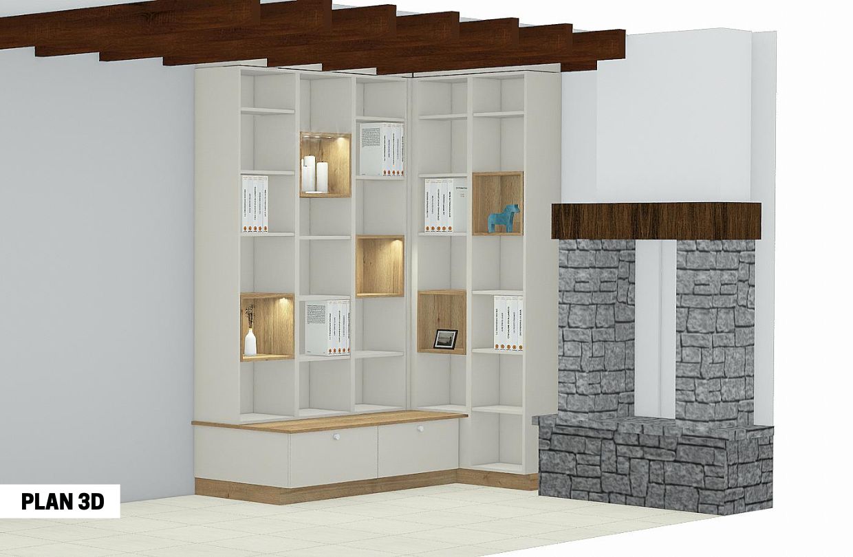 Plan 3D de la bibliothèque d'angle dans le salon, Les Ateliers Lejamtel