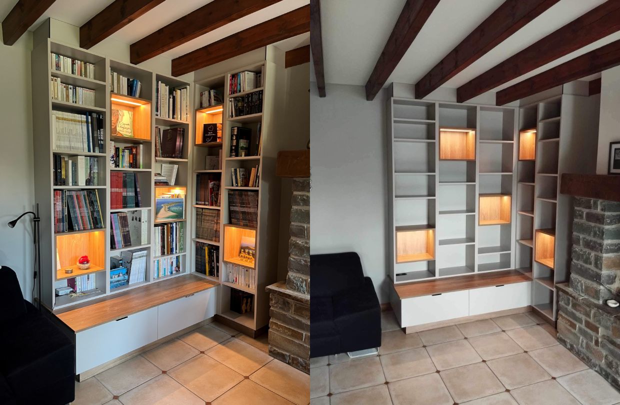 Bibliothèque d'angle dans le salon; meuble bibliothèque sur mesure, menuiserie normande, bibliothèque en bois, Les Ateliers Lejamtel